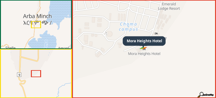 Map showing the address of Mora Heights Hotel in three different zoom levels.
