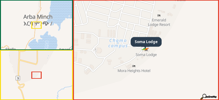 Map showing the address of Soma Lodge in three different zoom levels.