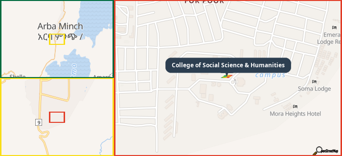 Map showing the address of College of Social Science & Humanities in three different zoom levels.
