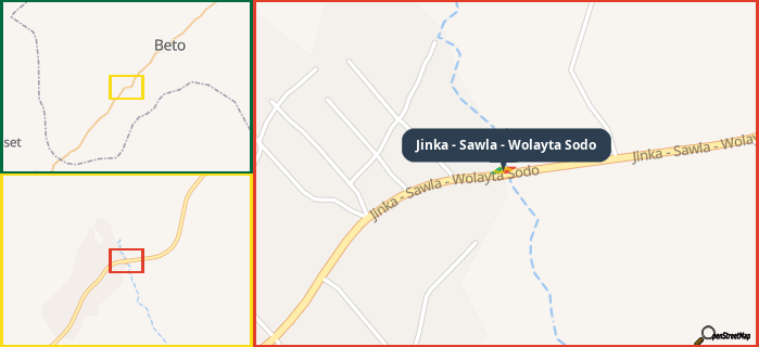 Map showing the address of Jinka - Sawla - Wolayta Sodo in three different zoom levels.