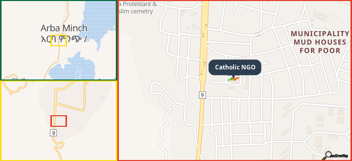 Map showing the address of Catholic NGO in three different zoom levels.
