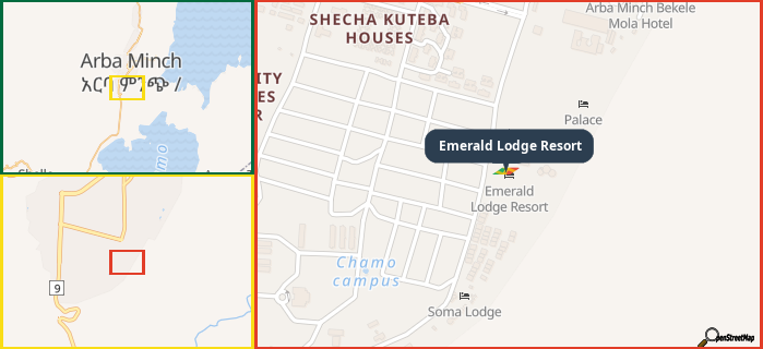 Map showing the address of Emerald Lodge Resort in three different zoom levels.
