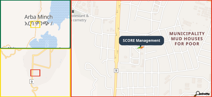 Map showing the address of SCORE Management in three different zoom levels.