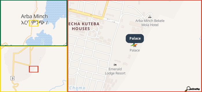 Map showing the address of Palace in three different zoom levels.