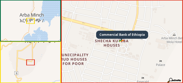 Map showing the address of Commercial Bank of Ethiopia in three different zoom levels.