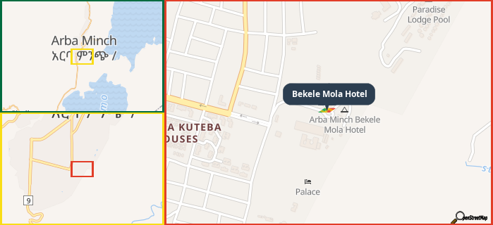 Map showing the address of Bekele Mola Hotel in three different zoom levels.