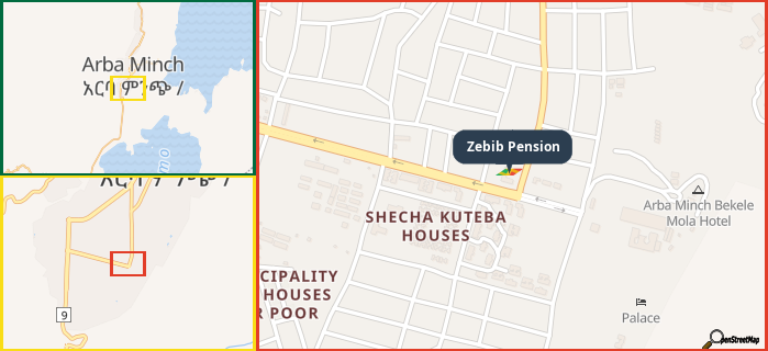 Map showing the address of Zebib Pension in three different zoom levels.