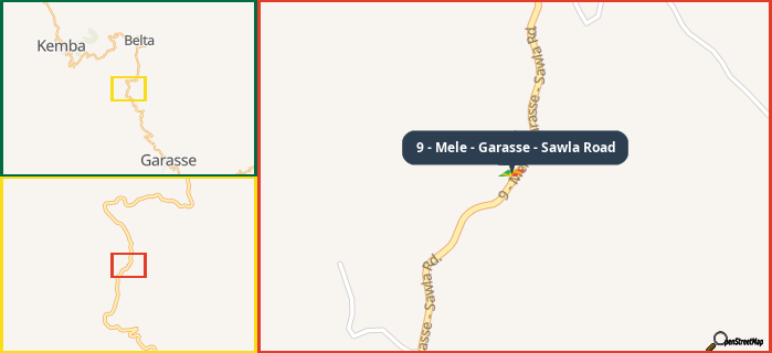 Map showing the address of 9 - Mele - Garasse - Sawla Road in three different zoom levels.