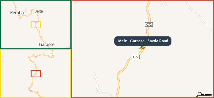 Map showing the address of Mele - Garasse - Sawla Road in three different zoom levels.