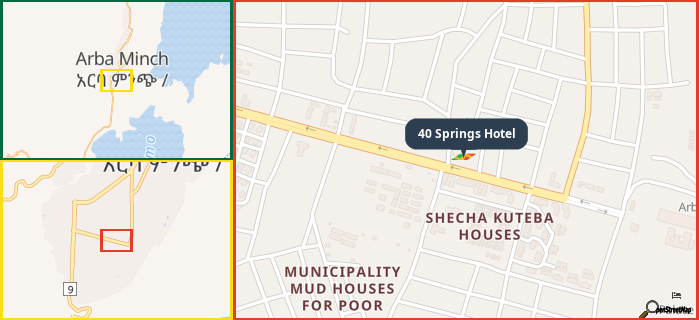 Map showing the address of 40 Springs Hotel in three different zoom levels.