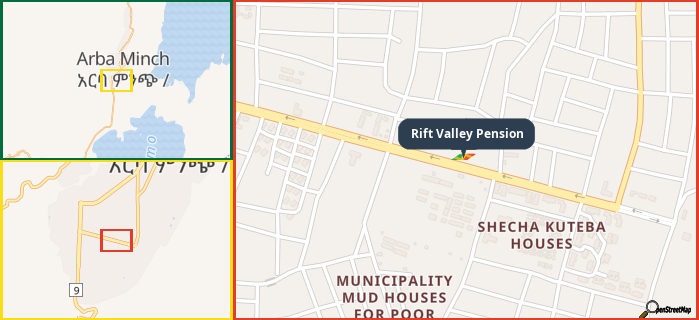 Map showing the address of Rift Valley Pension in three different zoom levels.