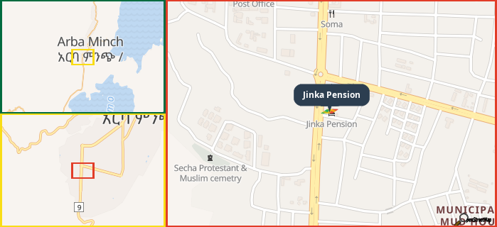 Map showing the address of Jinka Pension in three different zoom levels.