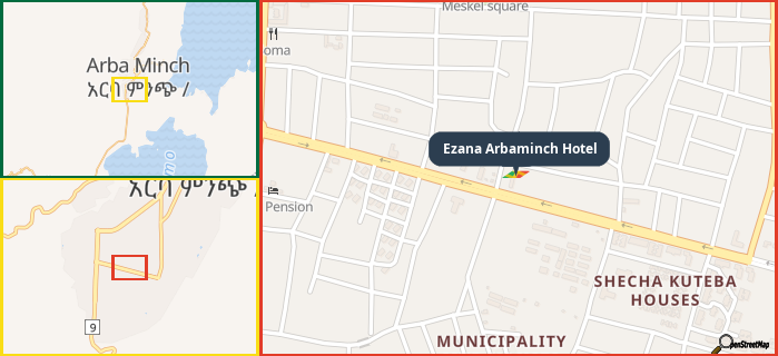 Map showing the address of Ezana Arbaminch Hotel in three different zoom levels.