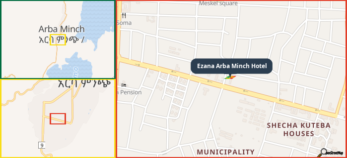 Map showing the address of Ezana Arba Minch Hotel in three different zoom levels.