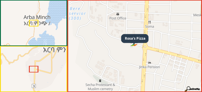 Map showing the address of Rosa's Pizza in three different zoom levels.