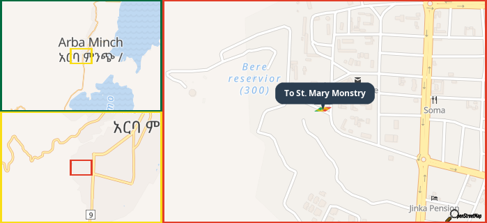 Map showing the address of To St. Mary Monstry in three different zoom levels.