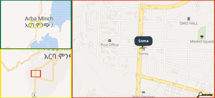 Map showing the address of Soma in three different zoom levels.