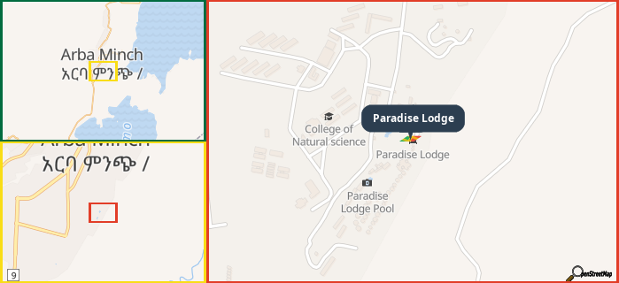 Map showing the address of Paradise Lodge in three different zoom levels.