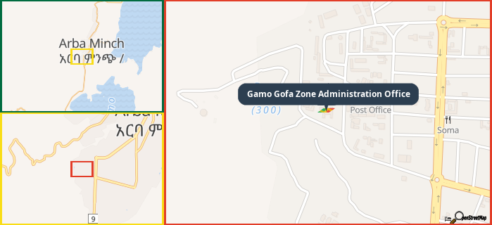 Map showing the address of Gamo Gofa Zone Administration Office in three different zoom levels.