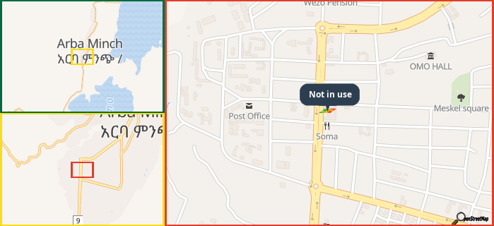 Map showing the address of Not in use in three different zoom levels.