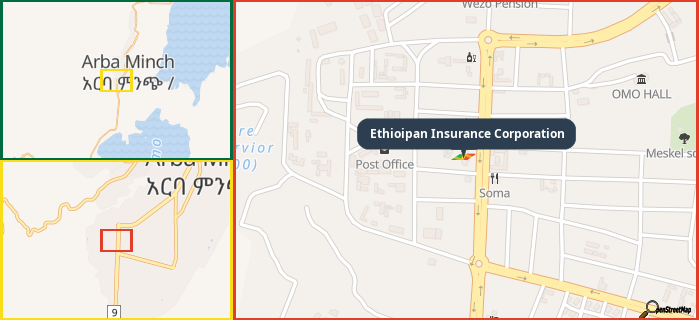 Map showing the address of Ethioipan Insurance Corporation in three different zoom levels.