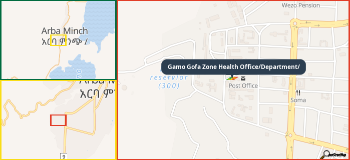 Map showing the address of Gamo Gofa Zone Health Office/Department/ in three different zoom levels.