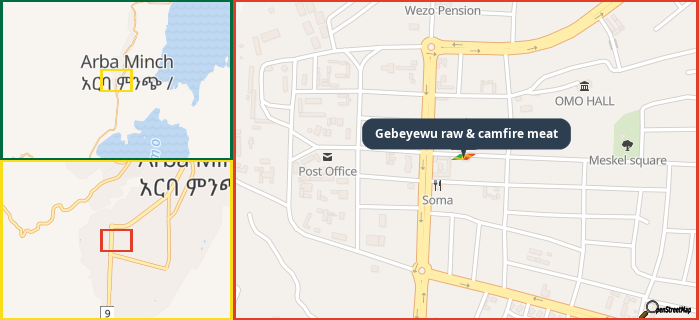 Map showing the address of Gebeyewu raw & camfire meat in three different zoom levels.