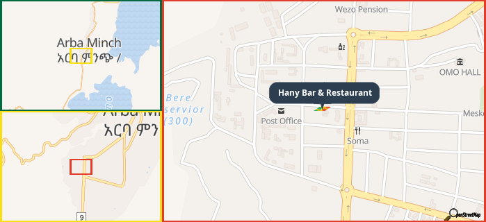 Map showing the address of Hany Bar & Restaurant in three different zoom levels.