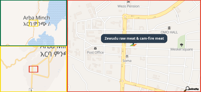 Map showing the address of Zewudu raw meat & cam-fire meat in three different zoom levels.