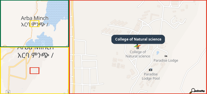 Map showing the address of College of Natural science in three different zoom levels.
