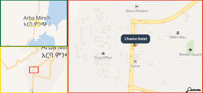 Map showing the address of Chamo Hotel in three different zoom levels.