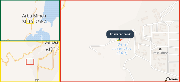 Map showing the address of To water tank in three different zoom levels.