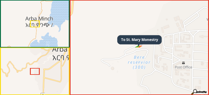 Map showing the address of To St. Mary Monestry in three different zoom levels.