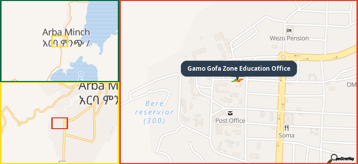 Map showing the address of Gamo Gofa Zone Education Office in three different zoom levels.