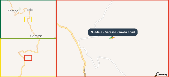 Map showing the address of 9 - Mele - Garasse - Sawla Road in three different zoom levels.