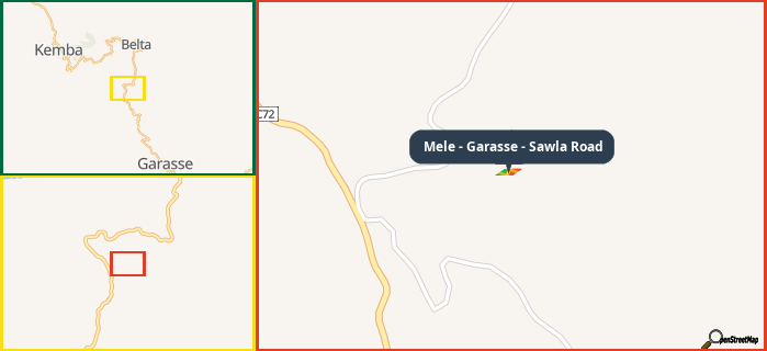 Map showing the address of Mele - Garasse - Sawla Road in three different zoom levels.