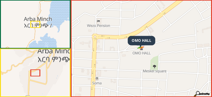 Map showing the address of OMO HALL in three different zoom levels.