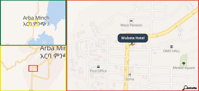 Map showing the address of Wubete Hotel in three different zoom levels.