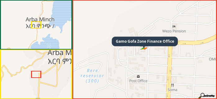 Map showing the address of Gamo Gofa Zone Finance Office in three different zoom levels.