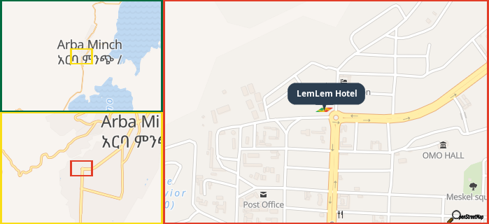 Map showing the address of LemLem Hotel in three different zoom levels.