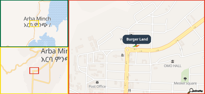 Map showing the address of Burger Land in three different zoom levels.