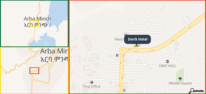 Map showing the address of Derik Hotel in three different zoom levels.