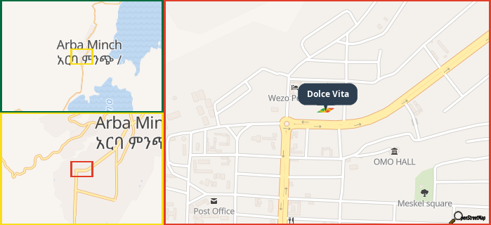 Map showing the address of Dolce Vita in three different zoom levels.