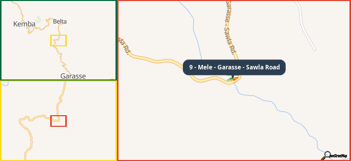 Map showing the address of 9 - Mele - Garasse - Sawla Road in three different zoom levels.