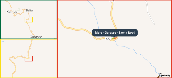 Map showing the address of Mele - Garasse - Sawla Road in three different zoom levels.
