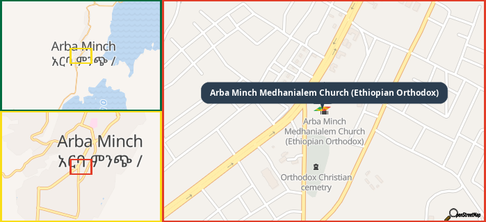 Map showing the address of Arba Minch Medhanialem Church (Ethiopian Orthodox) in three different zoom levels.