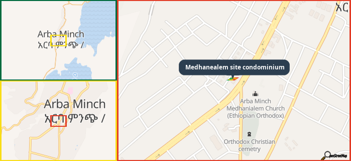 Map showing the address of Medhanealem site condominium in three different zoom levels.