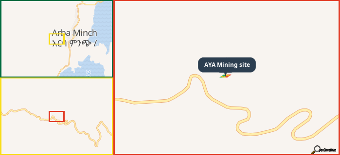Map showing the address of AYA Mining site in three different zoom levels.