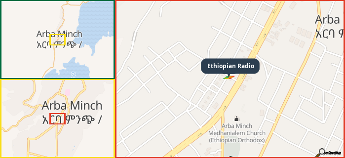 Map showing the address of Ethiopian Radio in three different zoom levels.