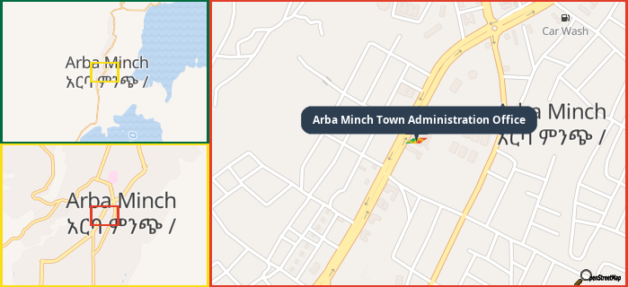 Map showing the address of Arba Minch Town Administration Office in three different zoom levels.